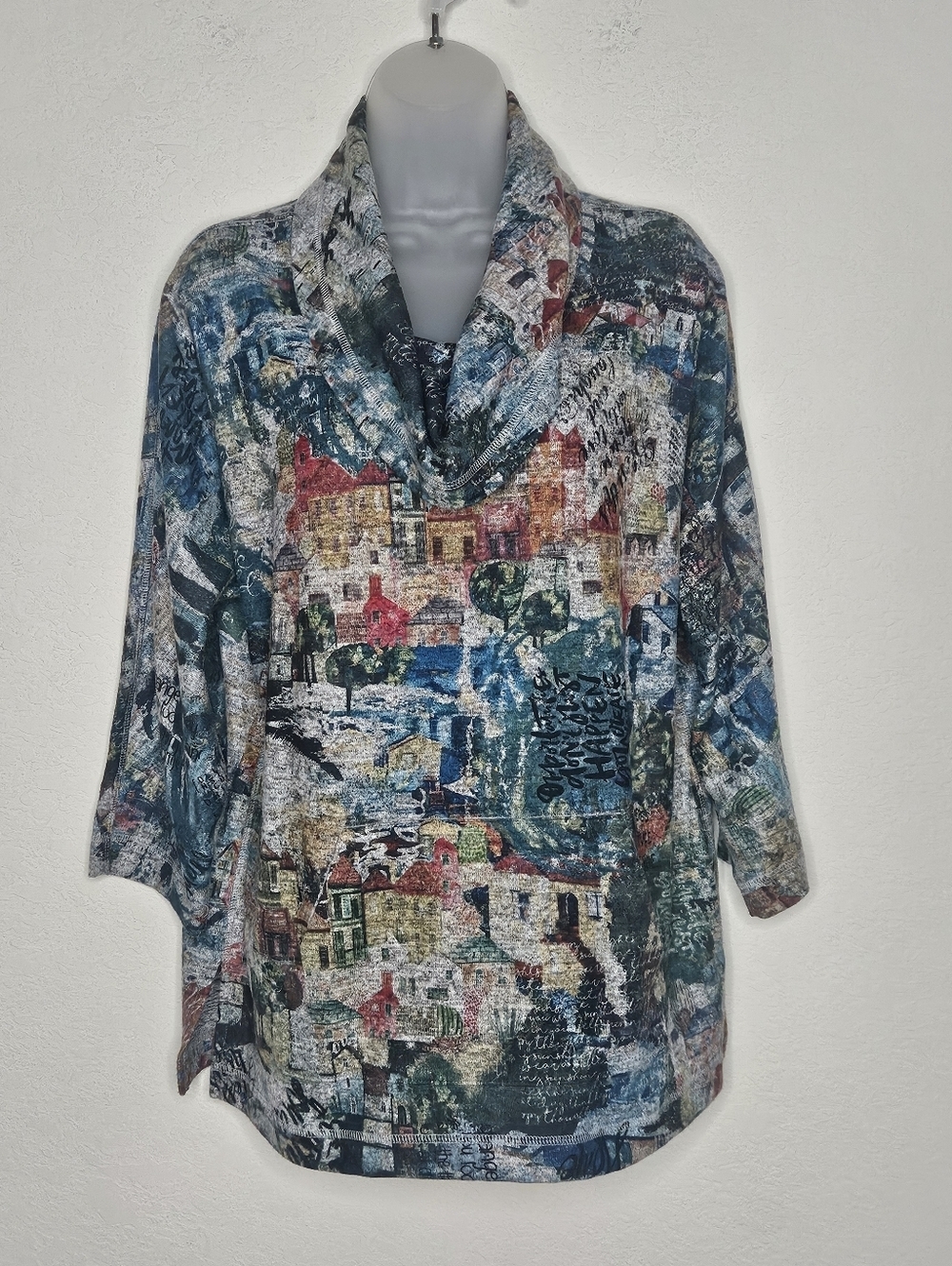 Ali Miles Art To Wear City Print Cowl Neck Brush Knit Long Sleeve Pullover Tunic